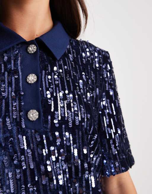 French Connection velvet sequin mini polo dress in navy | ASOS