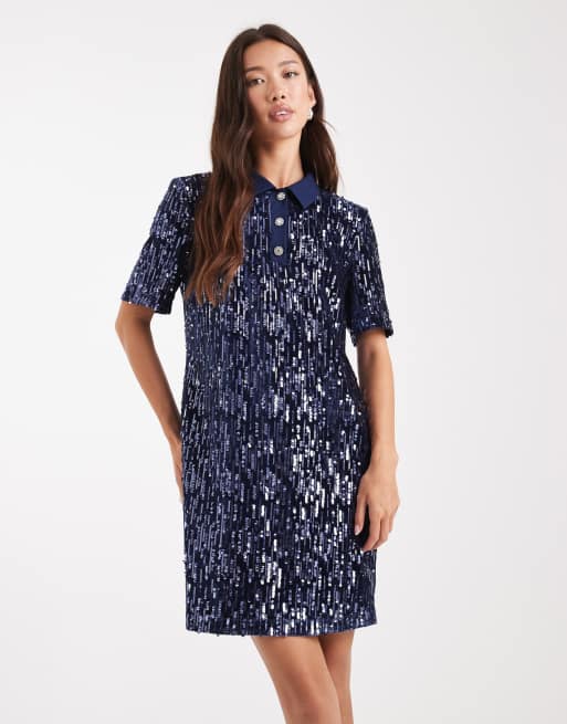 French Connection velvet sequin mini polo dress in navy, 4 of 4