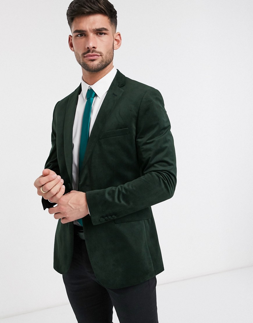 French Connection velvet slim fit peak lapel jacket-Green