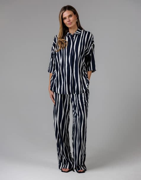 French Connection Vertical stripe oversized button-up 3/4 length sleeve shirt in navy - view 1