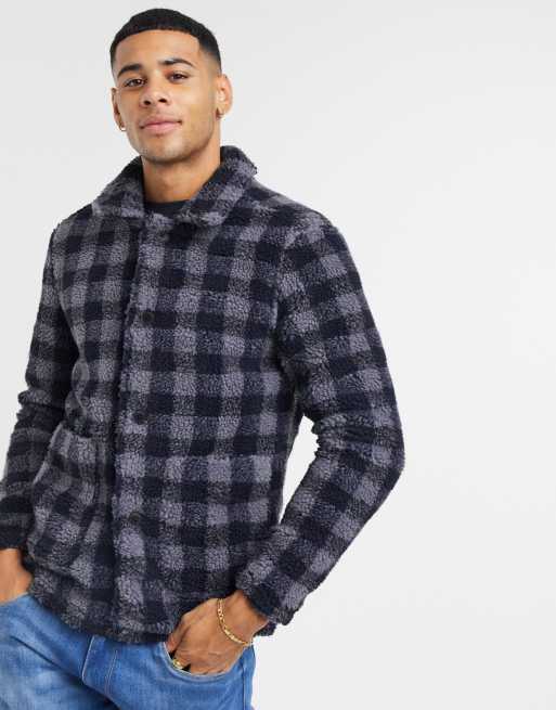 French Connection - Veste à carreaux en imitation peau de mouton - Gris foncé
