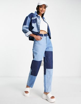 Femme French Connection - Veste en jean d'ensemble coupe courte effet patchwork - Bleu moyen délavé