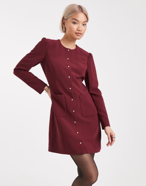 French Connection - Vestito corto sartoriale bordeaux con bottoni