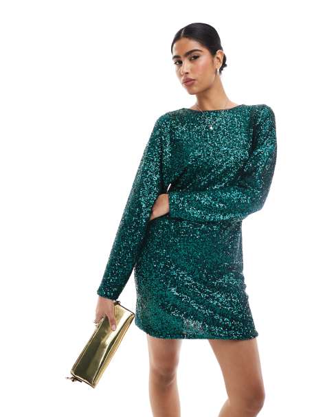 French Connection - Vestito corto verde bosco con paillettes e fiocco sul retro - view 1