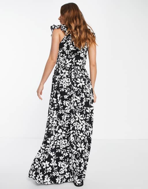 French Connection - Vestito lungo drappeggiato nero a fiori con fascette, 2 di 4