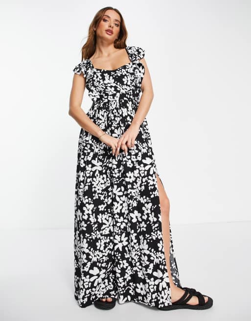 French Connection - Vestito lungo drappeggiato nero a fiori con fascette, 3 di 4