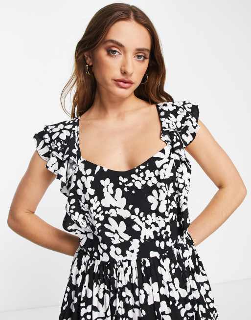 French Connection - Vestito lungo drappeggiato nero a fiori con fascette, 4 di 4