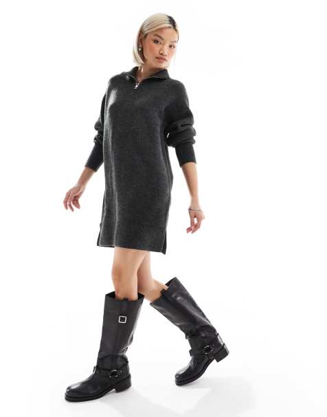 French Connection - Vestito maglia grigio con zip corta - view 1