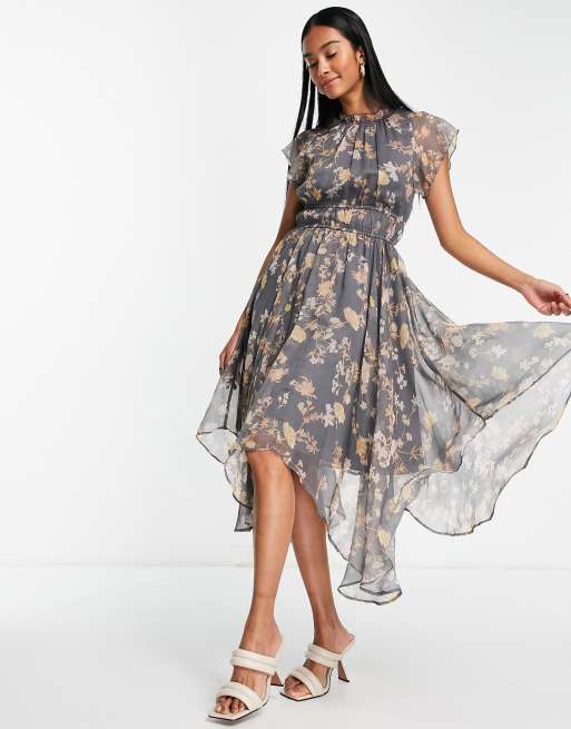 French Connection - Vestito midi a maniche corte con motivo a fiori scuri, 4 di 4