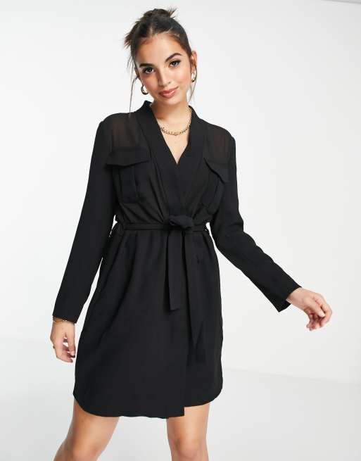 French Connection - Vestito stile blazer allacciato in vita semitrasparente nero in coordinato