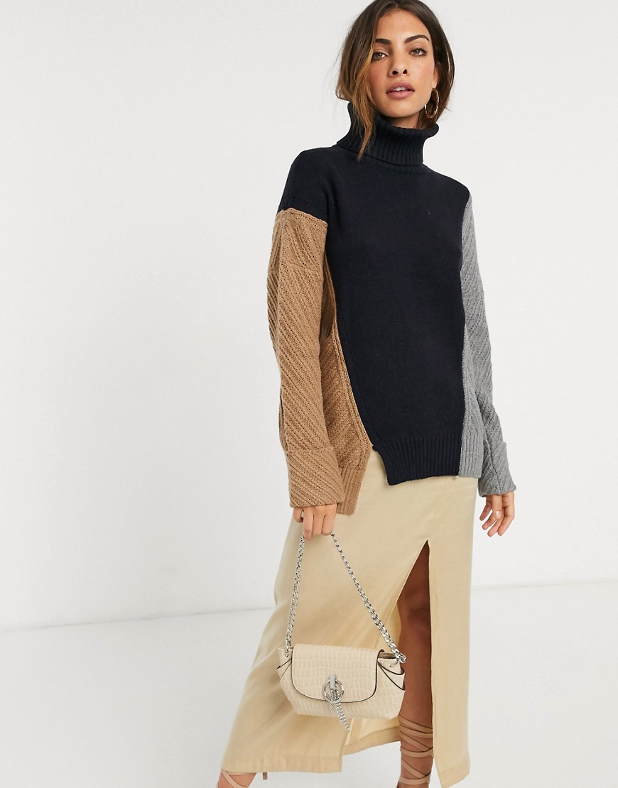 French Connection Viola colourblock rollneck jumper in wool blend-Navy