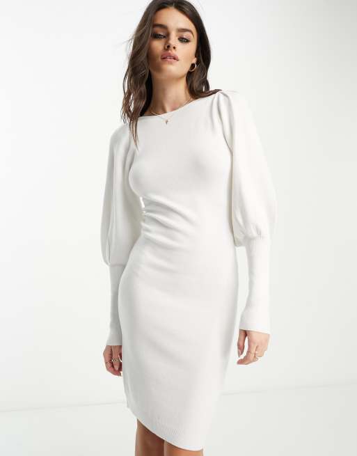 French Connection volume sleeve knit midi dress in white