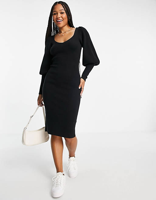French Connection volume sleeve knitted dress in black