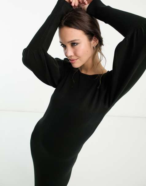 French Connection volume sleeve knitted midi dress in black - view 1