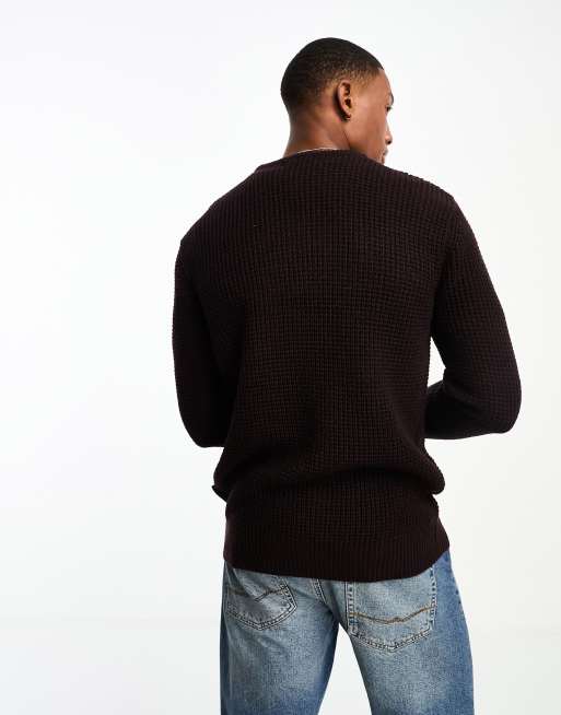 French Connection waffle crew neck sweater in burgundy