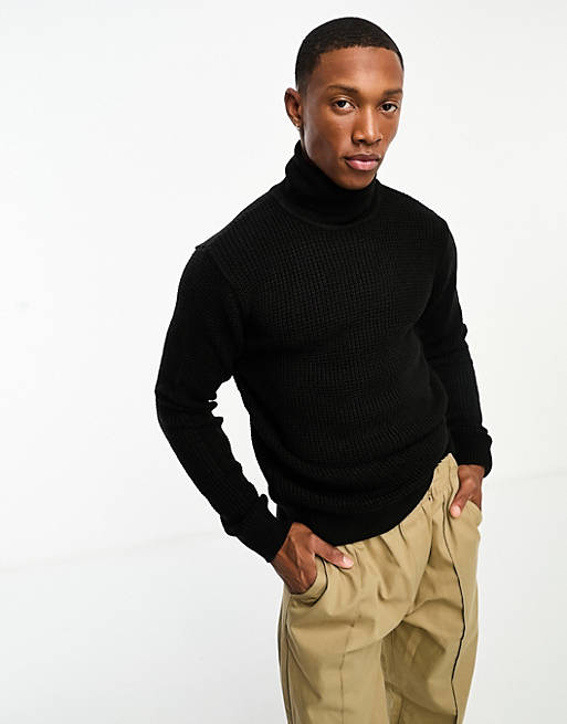 French Connection waffle roll neck jumper in black | ASOS