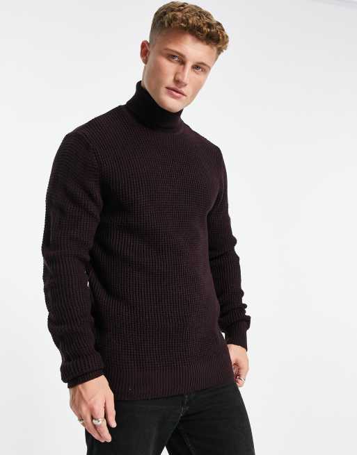 French Connection waffle roll neck jumper in burgundy