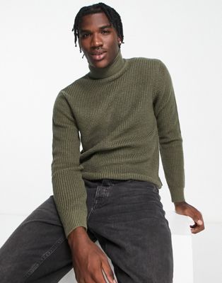 French Connection waffle roll neck jumper in khaki