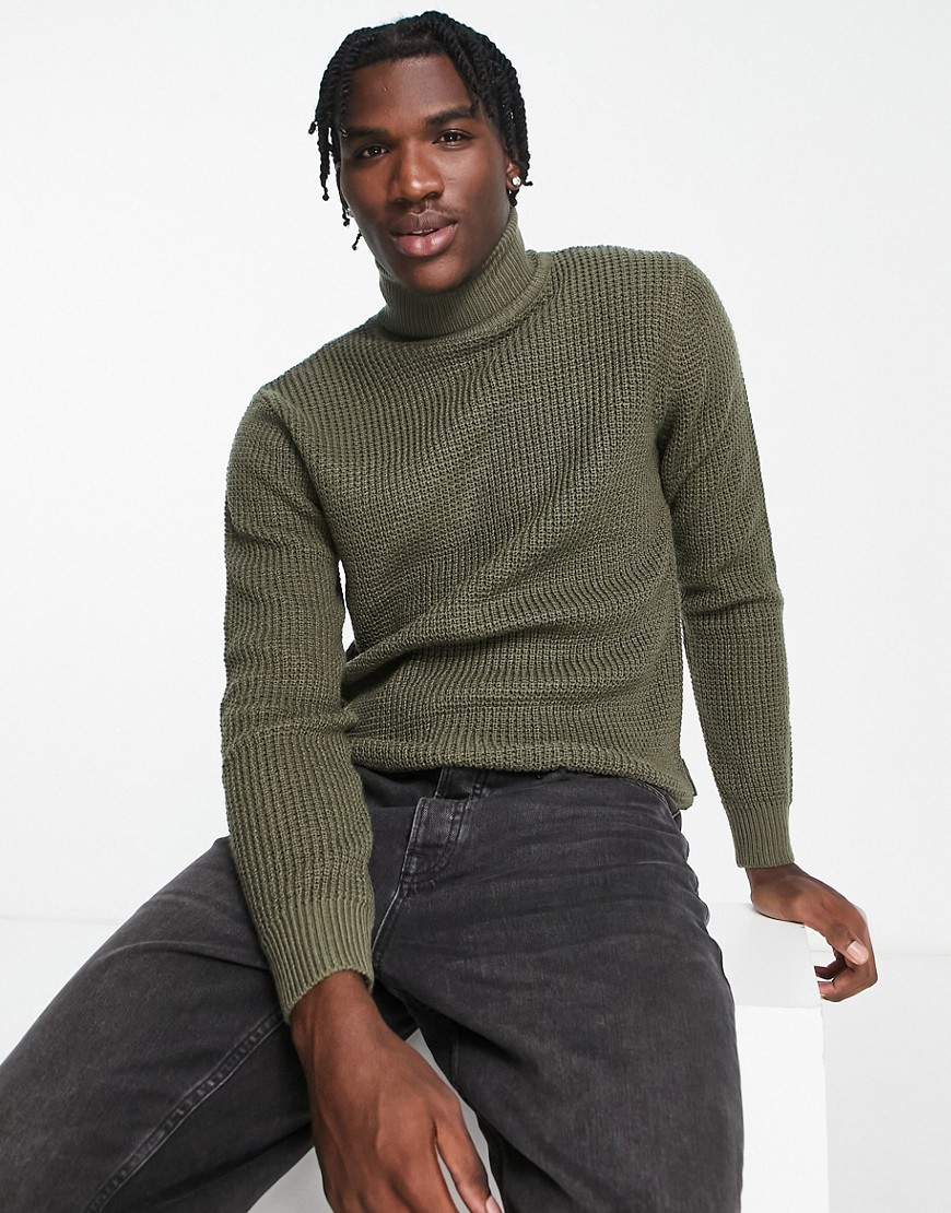 French Connection waffle roll neck jumper in khaki-Green