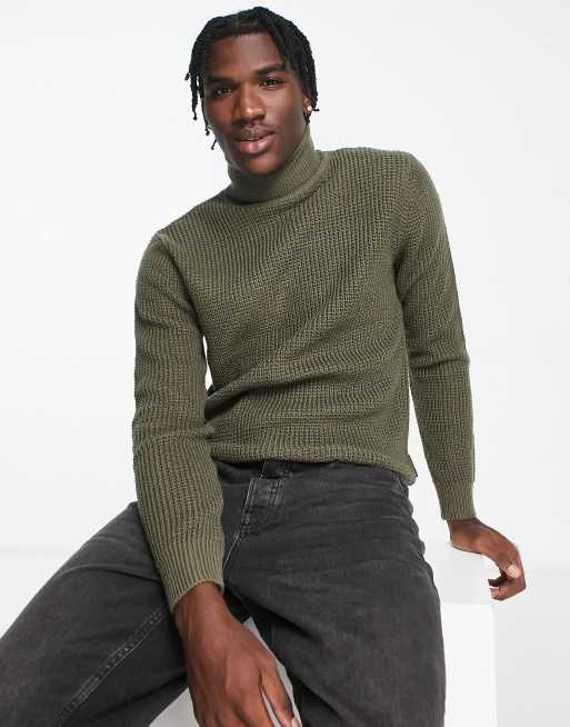 French Connection waffle roll neck jumper in khaki | ASOS