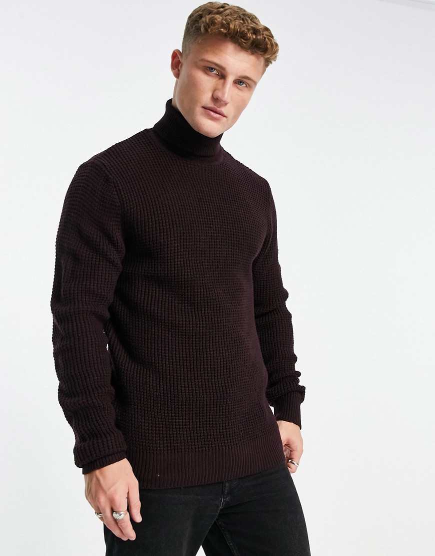 French Connection Waffle Roll Neck Sweater In Burgundy-red