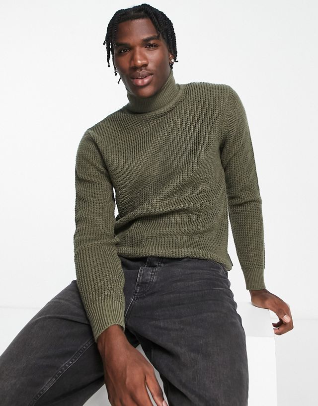 French Connection waffle roll neck sweater in khaki