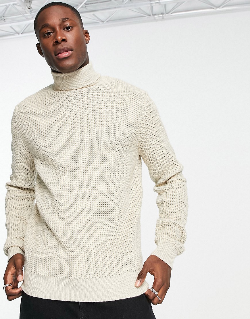 French Connection waffle turtle neck sweater in oatmeal-White
