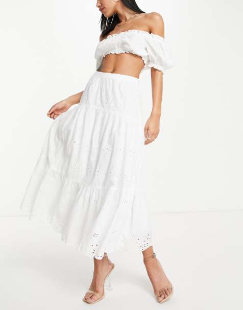 French Connection cotton tiered maxi skirt in white embroidery - WHITE