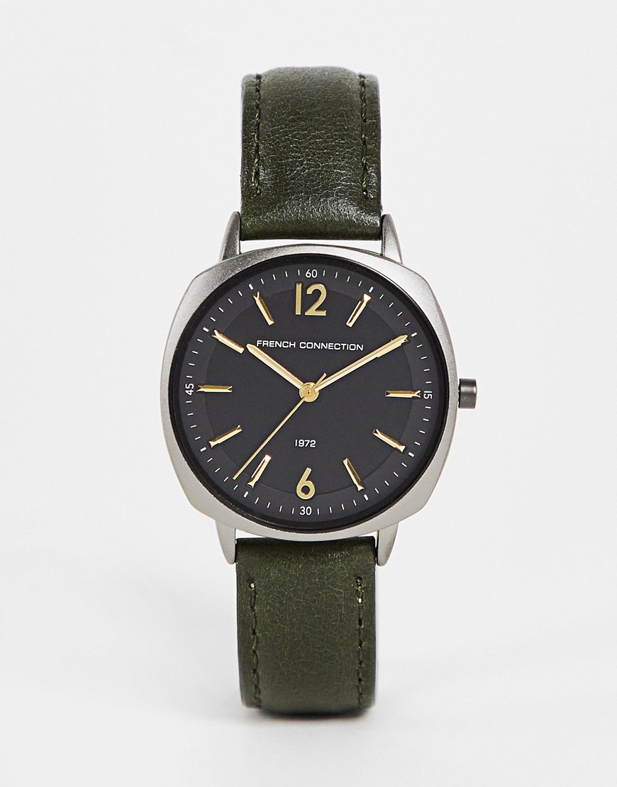 French Connection watch with leather strap in forest green