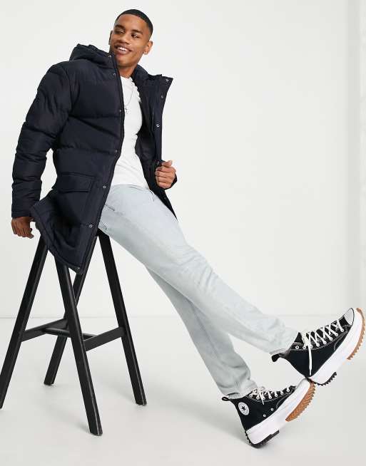 French Connection – Wattierter, Longline-Parka in Marineblau mit Kapuze