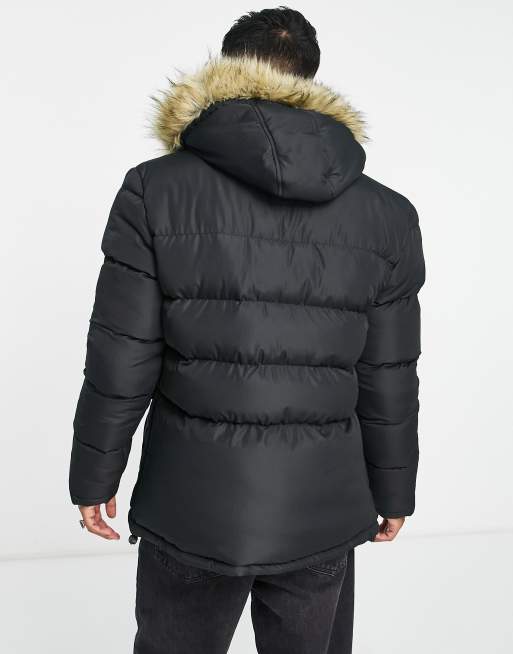 French Connection– Wattierter Parka in Schwarz mit Kunstpelzbesatz an der Kapuze, 2 von 4