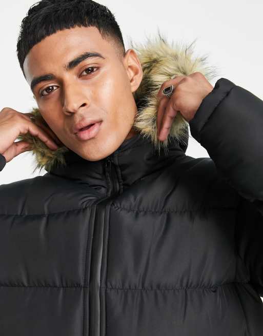 French Connection– Wattierter Parka in Schwarz mit Kunstpelzbesatz an der Kapuze, 3 von 4