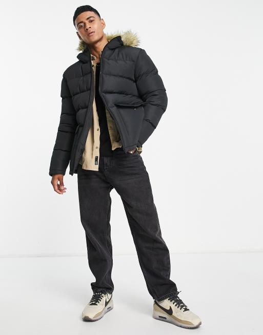 French Connection– Wattierter Parka in Schwarz mit Kunstpelzbesatz an der Kapuze, 4 von 4