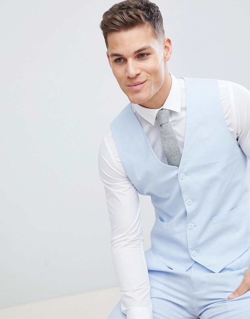 French Connection Wedding Linen Slim Fit Waistcoat-Blue