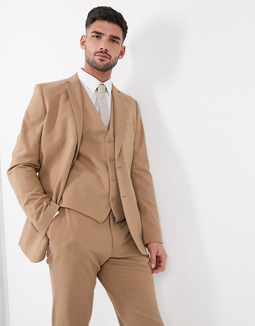 French Connection wedding slim fit flannel suit jacket-Beige