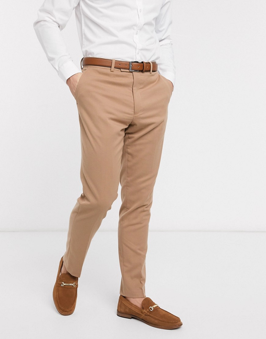 French Connection wedding slim fit flannel suit trousers-Beige