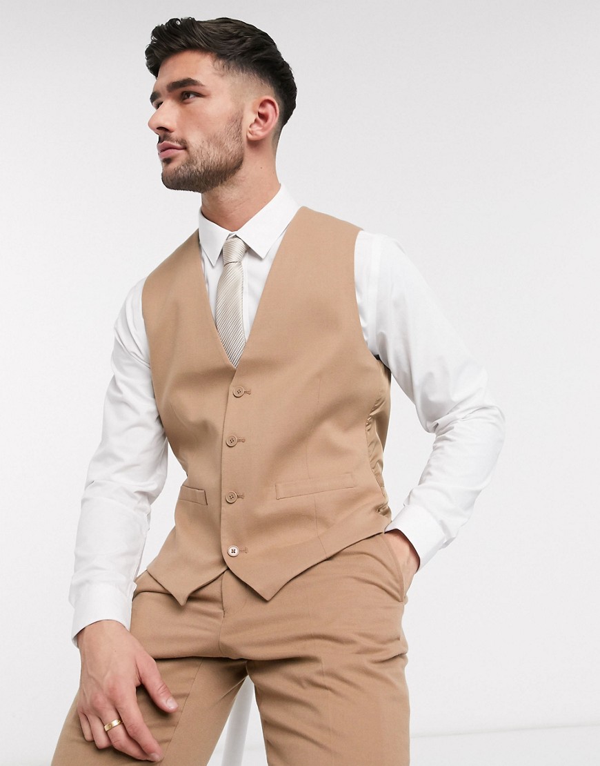 French Connection wedding slim fit flannel waistcoat-Beige
