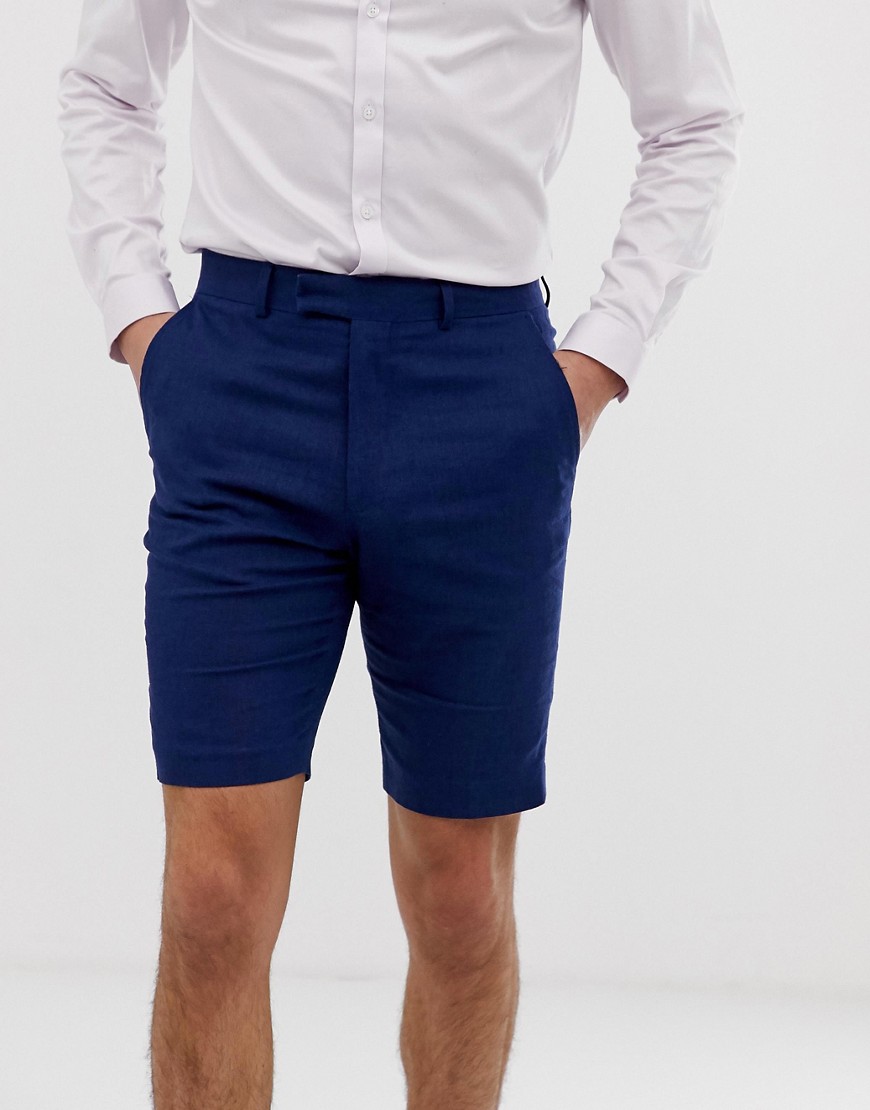 French Connection wedding slim fit plain linen shorts-Blue