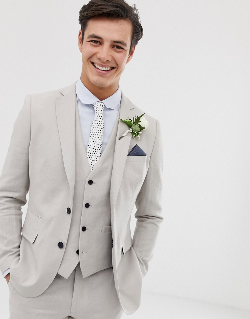 French Connection Wedding Slim Fit Plain Linen Suit Jacket-grey