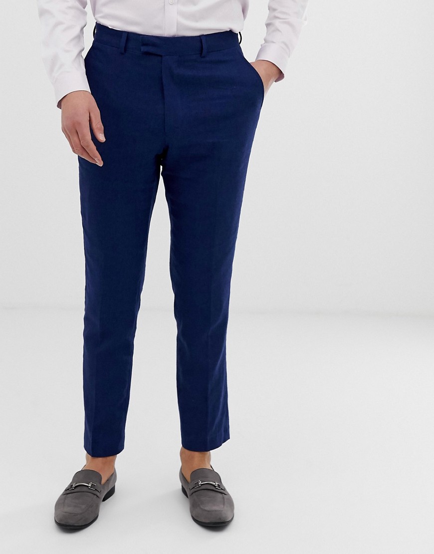 French Connection wedding slim fit plain linen suit trousers-Blue