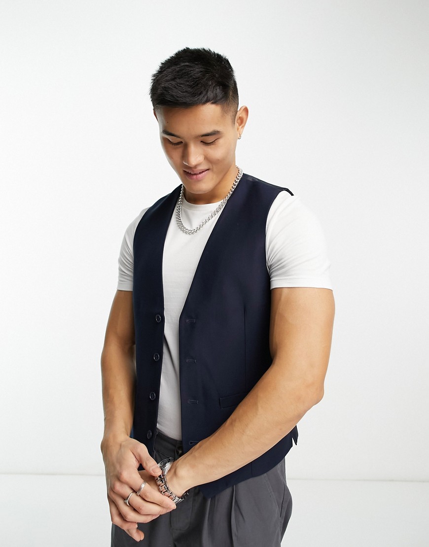 French Connection Vest In Navy With Contrasting Lapels