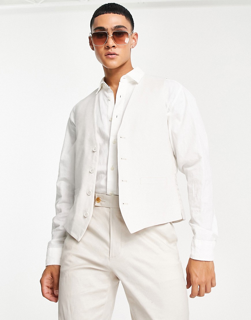Devils Advocate White Slim Fit Linen Suit Vest-neutral