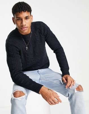 French Connection wool mix cable crew neck jumper in navy