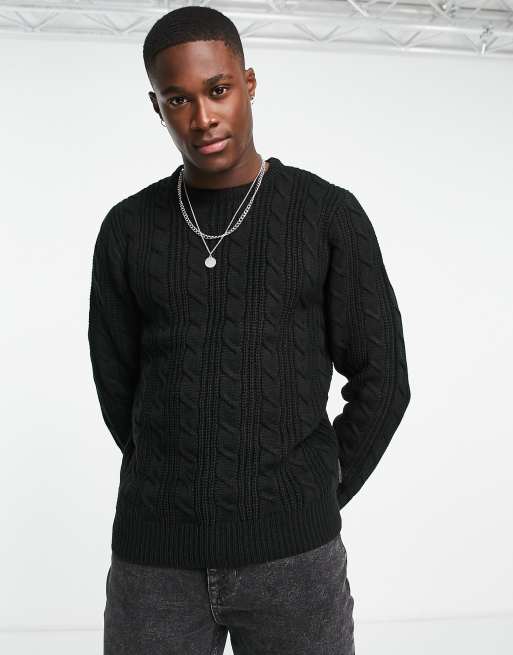 French Connection wool mix cable crew neck sweater in black | ASOS