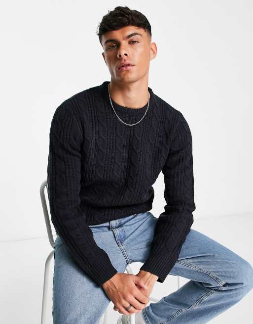 French Connection wool mix cable crew neck sweater in navy