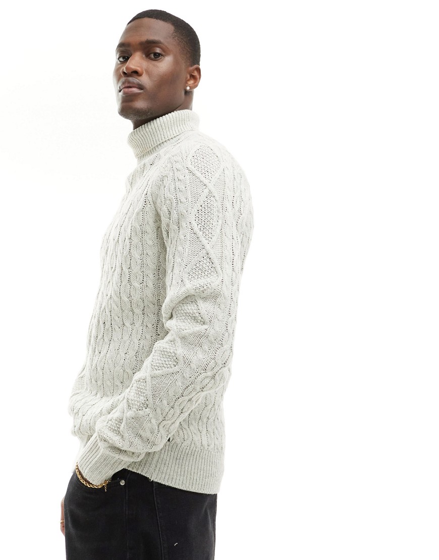 wool mix cable turtle neck sweater in ecru-White