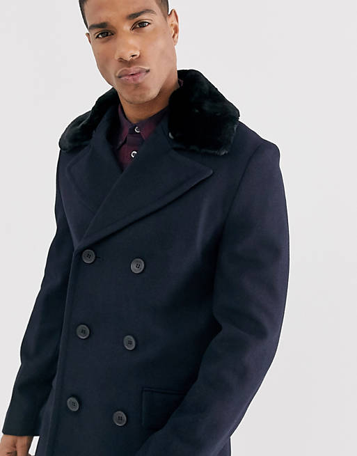 French Connection wool rich double breasted pea coat with faux fur ...