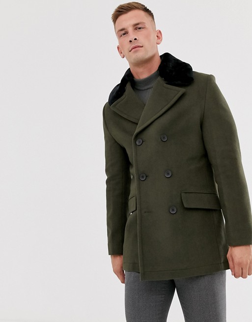 French Connection wool rich double breasted pea coat with faux fur collar