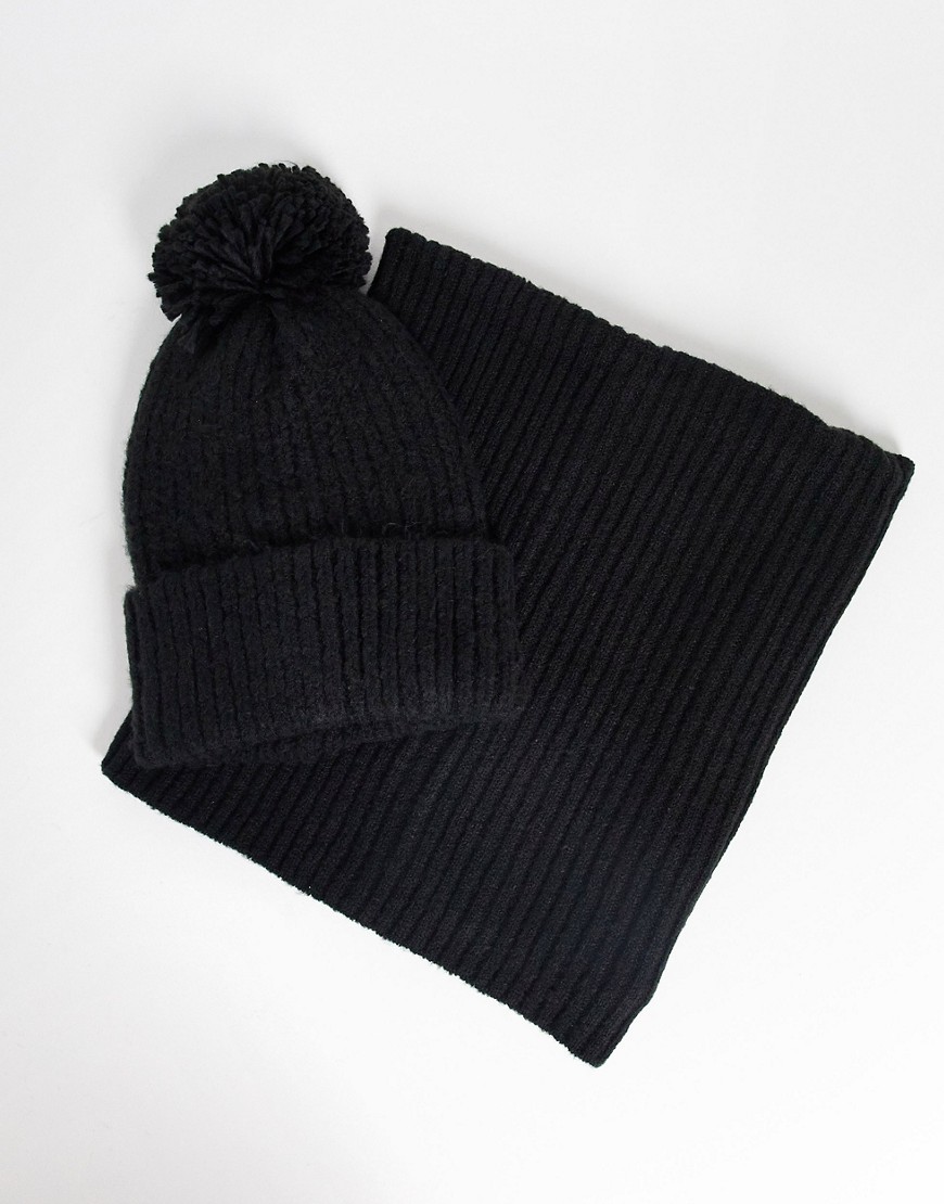 French Connection Woolly Pom-pom Snood And Beanie Gift Set-black
