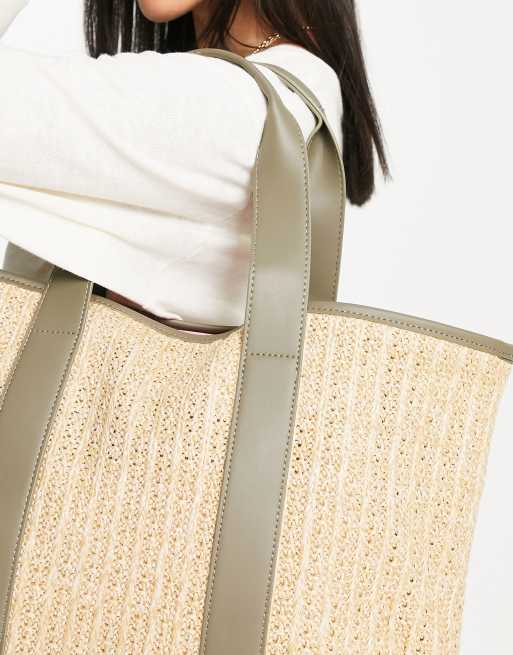 French connection woven beach tote bag in natural and sage green